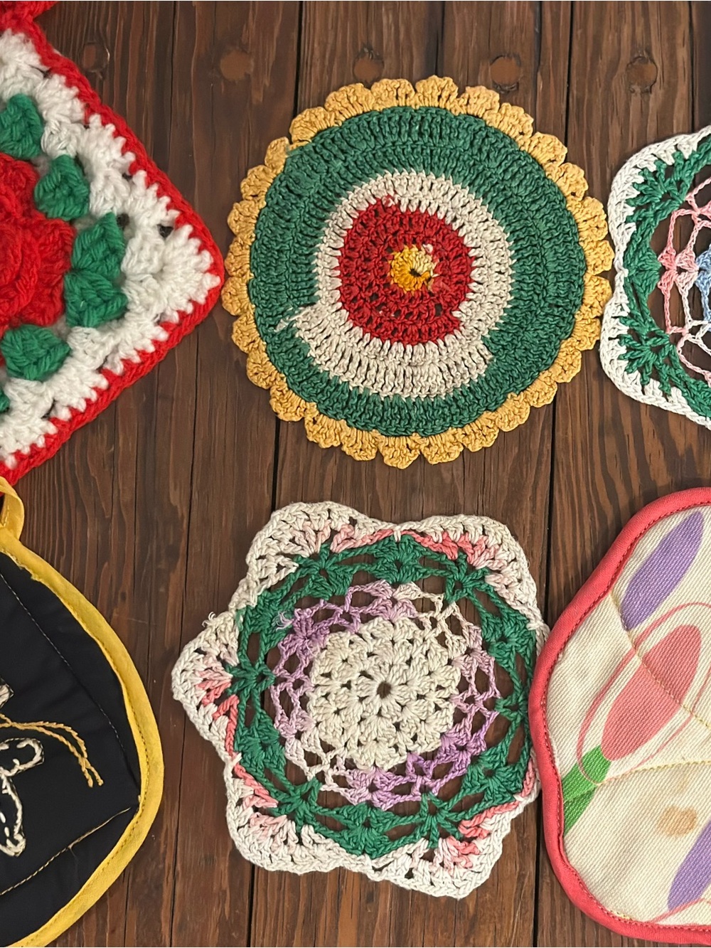 Vintage-Inspired Multicolor Crochet Doilies - Green & Cream Accent